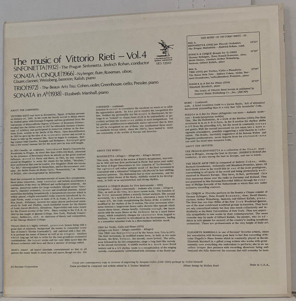 Vittorio Rieti - The Music Of Vittorio Rieti - Vol. 4 - New LP Record 1967 Serenus USA Original Vinyl - Classical - Shuga Records