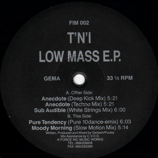 T'N'I - Low Mass E.P. - VG+ 12" Single Record 1991 Force Inc. Music Works Germany Vinyl - House / Techno - Shuga Records