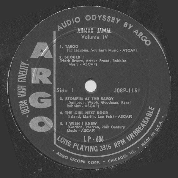 The Ahmad Jamal Trio ‎- Volume IV - VG LP Record 1958 Argo USA Mono Original Vinyl - Jazz / Bop / Cool - Shuga Records