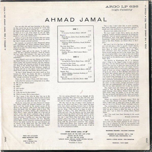 The Ahmad Jamal Trio ‎- Volume IV - VG LP Record 1958 Argo USA Mono Original Vinyl - Jazz / Bop / Cool - Shuga Records