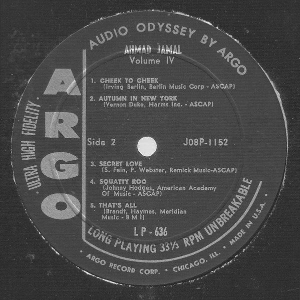 The Ahmad Jamal Trio ‎- Volume IV - VG LP Record 1958 Argo USA Mono Original Vinyl - Jazz / Bop / Cool - Shuga Records