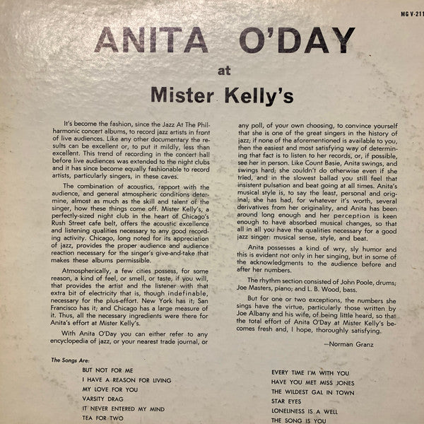 Anita O'Day – At Mister Kelly's (1959) - VG+ LP Record 1962 Verve Stereo USA Vinyl - Jazz Vocal / Swing - Shuga Records