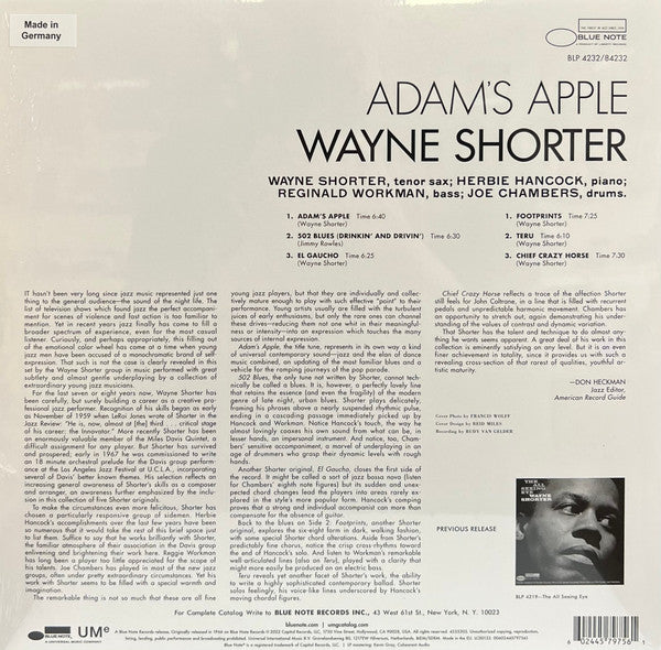 Wayne Shorter - Adam's Apple (1966) - New LP record 2022 Blue Note 180 gram Vinyl - Jazz / Hard Bop / Modal - Shuga Records