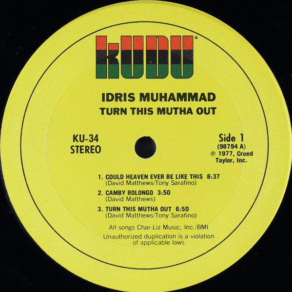 Idris Muhammad – Turn This Mutha Out - VG+ LP Record 1977 Kudu USA Vinyl - Jazz / Jazz-Funk - Shuga Records