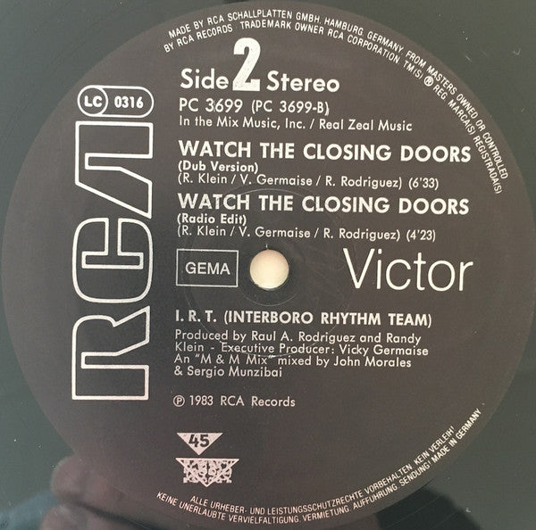 I.R.T. (Interboro Rhythm Team) - Watch The Closing Doors - VG+ 12" Single Record 1984 RCA Germany Vinyl - Hip Hop / Electro - Shuga Records