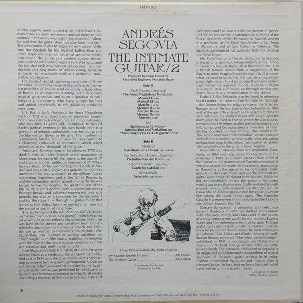 Andrés Segovia - The Intimate Guitar / 2 - VG+ LP Record 1976 RCA USA Vinyl - Classical Guitar - Shuga Records