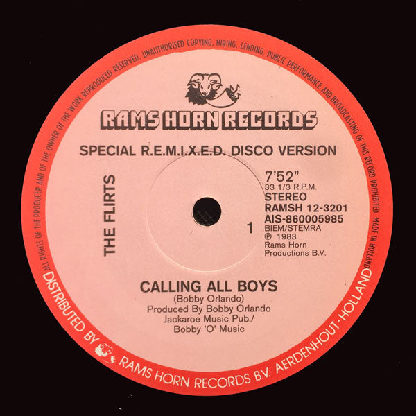The Flirts - Calling All Boys - VG- (LOW GRADE) 12" Single Record 1983 Rams Horn USA Original RARE Vinyl - Synth-pop / Hi NRG - Shuga Records