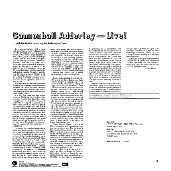 Cannonball Adderley - Cannonball Adderley-Live! (1965) - VG+ LP Record 1974 Capitol USA Vinyl - Jazz / Hard Bop / Modal - Shuga Records