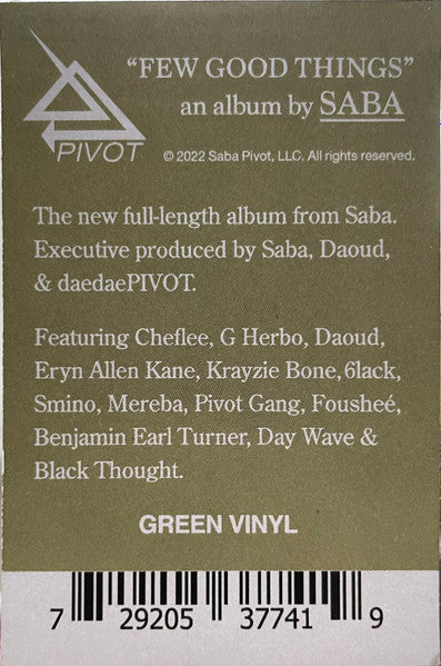 Saba - Few Good Things - New 2 LP Record 2022 Pivot USA Green Vinyl, OBI & Signed Insert Photo - Hip Hop - Shuga Records