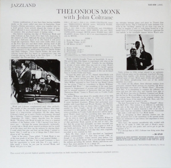 Thelonious Monk With John Coltrane (1961) - VG+ LP Record 1999 Jazzland Original Jazz Classics USA Vinyl - Jazz / Bop
