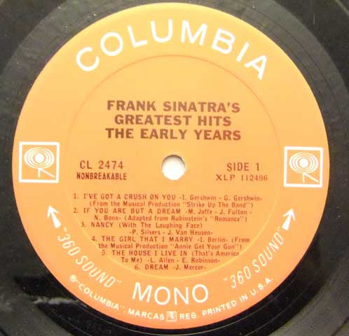 Frank Sinatra - Frank Sinatra's Greatest Hits The Early Years - VG+ LP Record 1966 Columbia USA Mono Vinyl - Jazz / Vocal / Big Band - Shuga Records