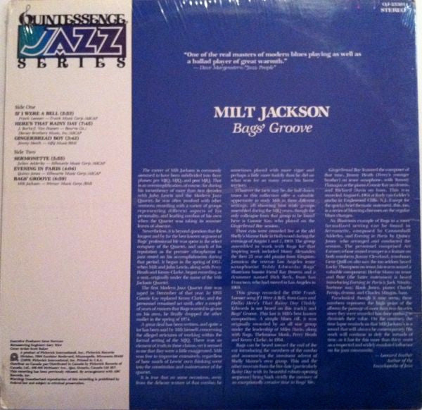 Milt Jackson - Bags' Groove - Mint- LP Record 1979 Quintessence USA Vinyl - Jazz / Post Bop - Shuga Records
