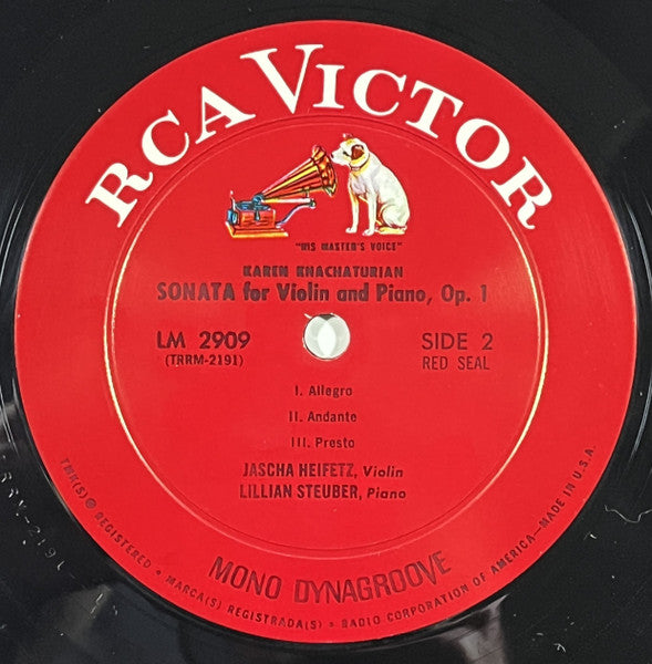 Jascha Heifetz & Lillian Steuber - Khachaturian / Ferguson : Sonata No.1, Sonata, Op.1 For Violin And Piano - VG+ LP Record 1966 RCA USA Mono Vinyl - Classical - Shuga Records