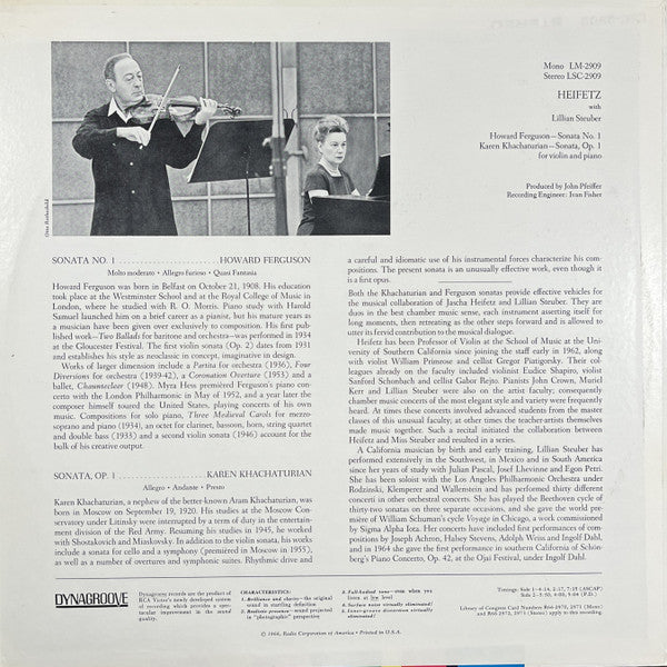 Jascha Heifetz & Lillian Steuber - Khachaturian / Ferguson : Sonata No.1, Sonata, Op.1 For Violin And Piano - VG+ LP Record 1966 RCA USA Mono Vinyl - Classical - Shuga Records
