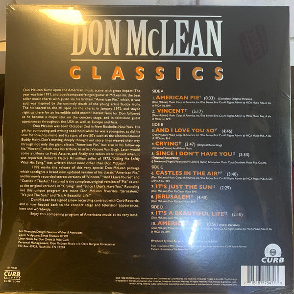 Don McLean - Classics (1992) - New 2 LP Record 2022 Curb Barnes & Noble Exclusive Copper Vinyl - Pop Rock / Soft Rock / Folk Rock - Shuga Records