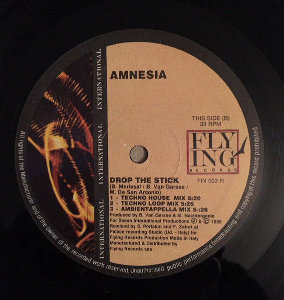 Amnesia - Drop The Stick (Remix) - Mint- 12" Single Record 1990 Flying International Italy Vinyl - House / Euro House - Shuga Records