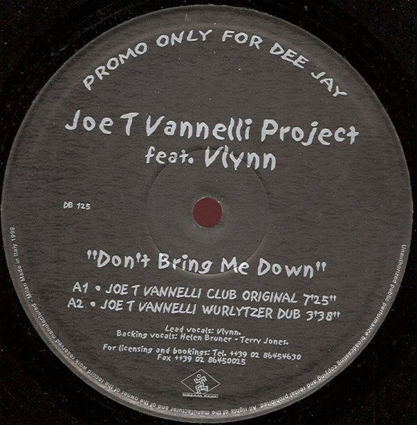 Joe T. Vannelli Project Feat Vlynn - Don't Bring Me Down - VG+ 2x 12" Single Record 1999 Dream Beat Italy Promo vinyl - Tribal House / Progressive House / - Shuga Records