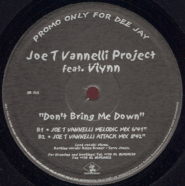 Joe T. Vannelli Project Feat Vlynn - Don't Bring Me Down - VG+ 2x 12" Single Record 1999 Dream Beat Italy Promo vinyl - Tribal House / Progressive House / - Shuga Records