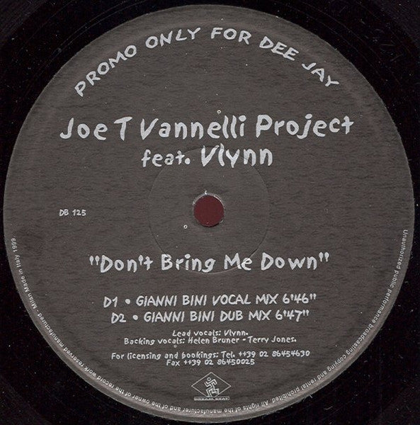 Joe T. Vannelli Project Feat Vlynn - Don't Bring Me Down - VG+ 2x 12" Single Record 1999 Dream Beat Italy Promo vinyl - Tribal House / Progressive House / - Shuga Records