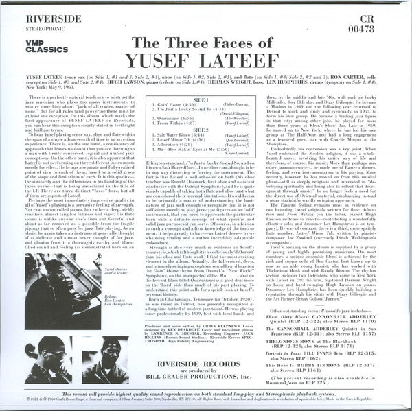 Yusef Lateef - The Three Faces Of Yusef Lateef (1960) - New LP Record 2022 Vinyl Me Please Riverside 180 gram Vinyl & Booklet - Jazz / Free Jazz - Shuga Records