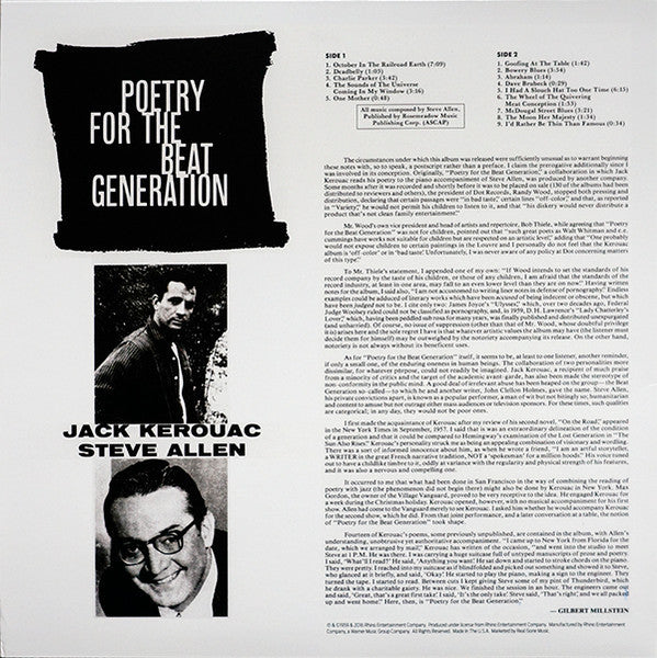 Jack Kerouac & Steve Allen - Poetry For The Beat Generation (1959) - New LP Record 2023 Real Gone Music Milky Clear Vinyl - Cool Jazz / Spoken Word - Shuga Records