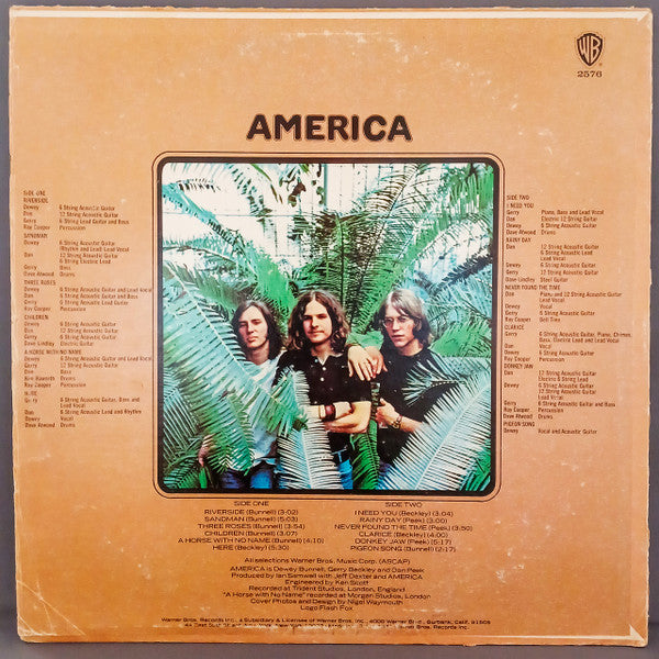 America - America - VG+ LP Record 1971 Warner USA Original Vinyl - Classic Rock / Soft Rock - Shuga Records