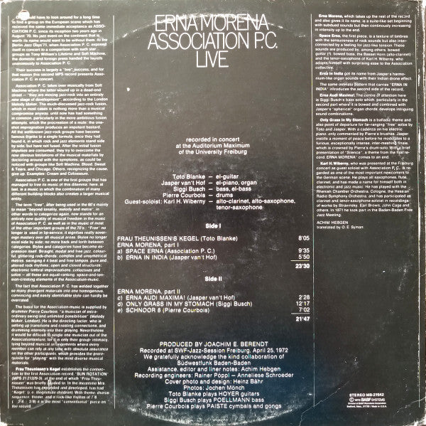 Association P.C. - Erna Morena - VG+ LP Record 1973 MPS USA Vinyl - Free Jazz / Experimental / Free Improvisation - Shuga Records