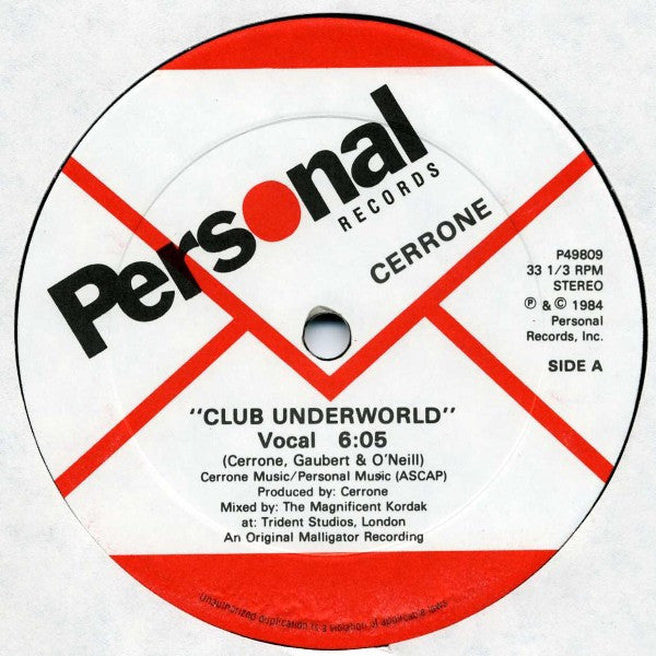 Cerrone - Club Underworld - VG+ 12" Single Record 1984 Personal Records USA Vinyl - Disco / Dub