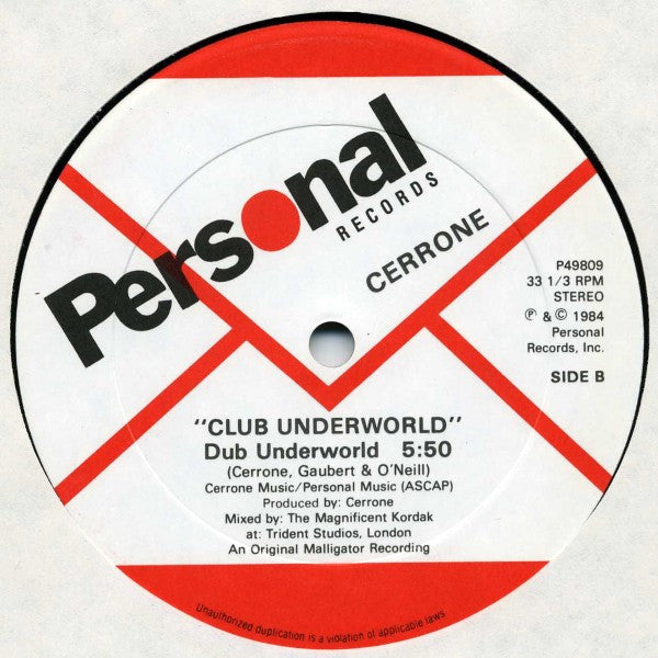 Cerrone - Club Underworld - VG+ 12" Single Record 1984 Personal Records USA Vinyl - Disco / Dub
