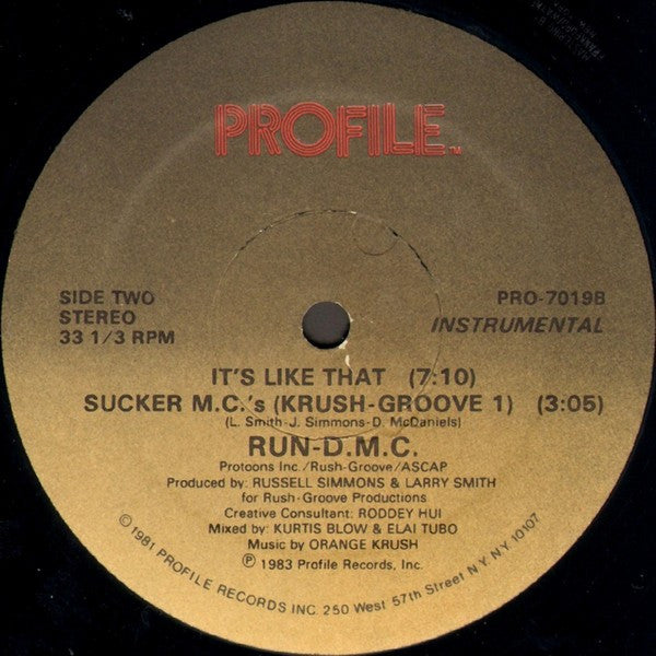 Run-D.M.C. - It's Like That / Sucker M.C.'s (Krush-Groove 1) - VG- (Lower grade) 12" Single Record 1983 Profile USA Original Vinyl - Hip Hop / Electro - Shuga Records