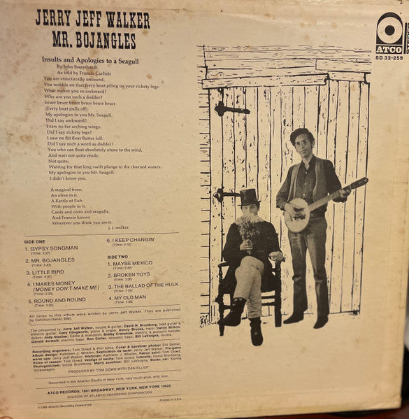 Jerry Jeff Walker - Mr. Bojangles VG+ LP Record 1968 ATCO USA Vinyl - Country Rock / Folk Rock - Shuga Records