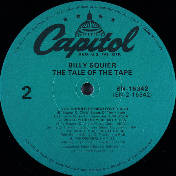 Billy Squier - The Tale Of The Tape - VG LP Record 1980 Capitol USA Vinyl - Hard Rock / Pop Rock - Shuga Records