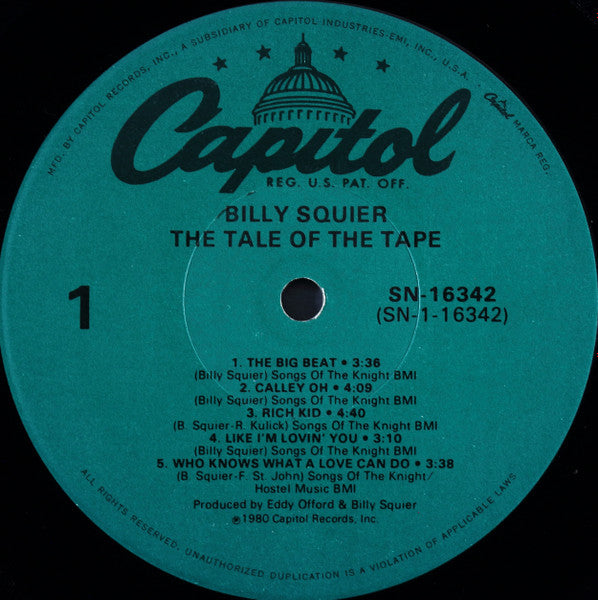 Billy Squier - The Tale Of The Tape - VG LP Record 1980 Capitol USA Vinyl - Hard Rock / Pop Rock - Shuga Records