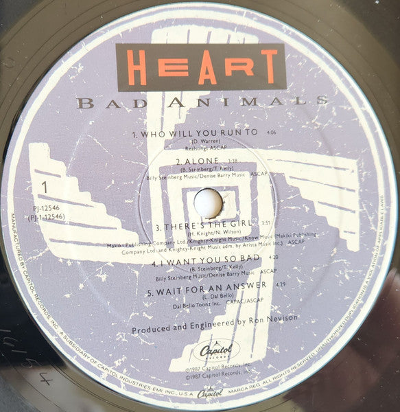 Heart - Bad Animals - Mint- LP Record 1987 Capitol USA Original Vinyl - Pop Rock / Hard Rock - Shuga Records