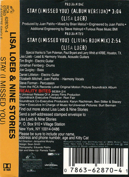 Lisa Loeb & Nine Stories - Stay (I Missed You) - Mint- Cassette Single 1994 RCA USA Tape - Pop Rock / Alternative Rock - Shuga Records