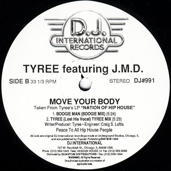 Tyree Featuring J.M.D. - Move Your Body - Mint- 12" Single Record 1989 D.J. International USA Vinyl - Chicago House / Hip-House - Shuga Records
