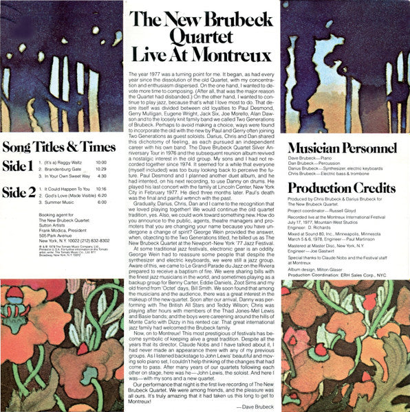 The New Brubeck Quartet - Live At Montreux - VG+ LP Record 1978 Tomato USA Vinyl - Jazz / Cool Jazz - Shuga Records