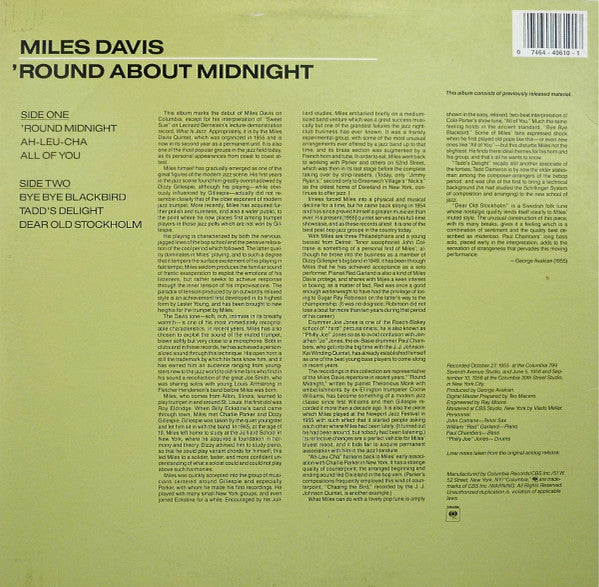 Miles Davis – 'Round About Midnight (1957) LP Record 1987 Columbia USA Vinyl - Jazz / Hard Bop