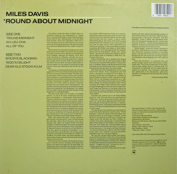 Miles Davis – 'Round About Midnight (1957) LP Record 1987 Columbia USA Vinyl - Jazz / Hard Bop - Shuga Records