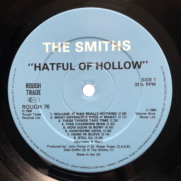 The Smiths - Hatful Of Hollow - VG+ LP Record 1984 Rough Trade UK Original Aston Clinton Pressing Vinyl - Alternative Rock / Indie Rock - Shuga Records