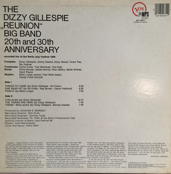 Dizzy Gillespie - The Dizzy Gillespie "Reunion" Big Band 20th & 30th Anniversary (1969) - New LP Record 1984 Verve MPS USA Vinyl - Jazz / Bid Band - Shuga Records