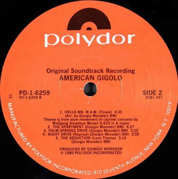 Giorgio Moroder - American Gigolo Original Recording - VG+ LP Record 1980 Polydor USA Vinyl - Soundtrack / Disco / Electro - Shuga Records