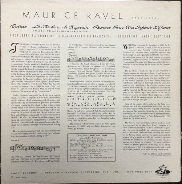 André Cluytens – Pavane Pour Une Infante Defunte - Ravel : Le Tombeau De Couperin / Boler - VG+ LP Records 1957 Angel USA/UK Mono Vinyl - Classical