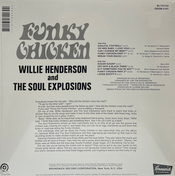 Willie Henderson And The Soul Explosion - Funky Chicken (1970) New LP Record Store Day 2023 Brunswick ORG Music Orange Vinyl - Indie Pop / Rock - Shuga Records