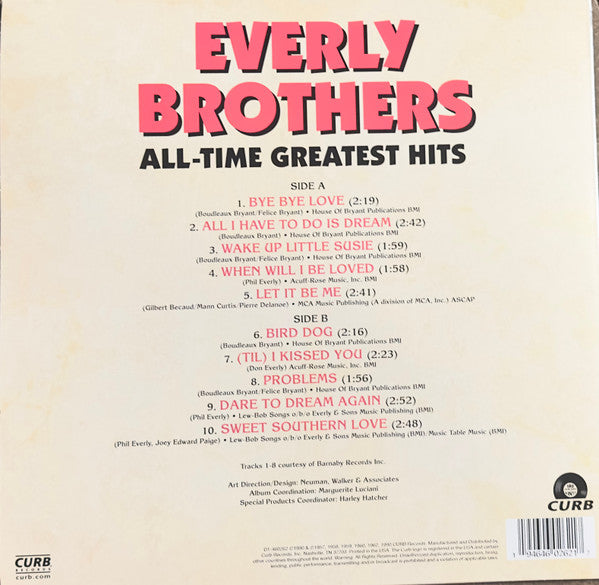 Everly Brothers - All-Time Greatest Hits - Mint- LP Record 1990 Curb USA Vinyl - Rock & Roll / Pop Rock - Shuga Records