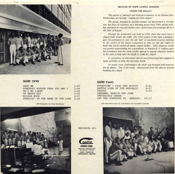 Beacon Of Hope Chapel Singers - Over The Walls - VG+ LP Record 1971 Cavern Custom USA Kansas State Penitentiary Vinyl - Soul / Gospel - Shuga Records