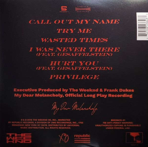 The Weeknd - My Dear Melancholy, (2020) - Mint- EP 2023 XO Republic 180 gram Vinyl - Hip Hop / RnB - Shuga Records