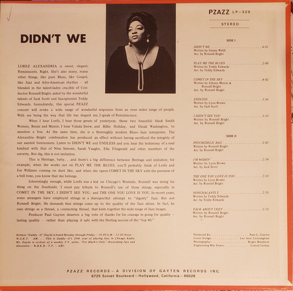 Lorez Alexandria - Didn't We - VG LP Record 1968 Pzazz USA Vinyl - Soul / Soul-Jazz - Shuga Records