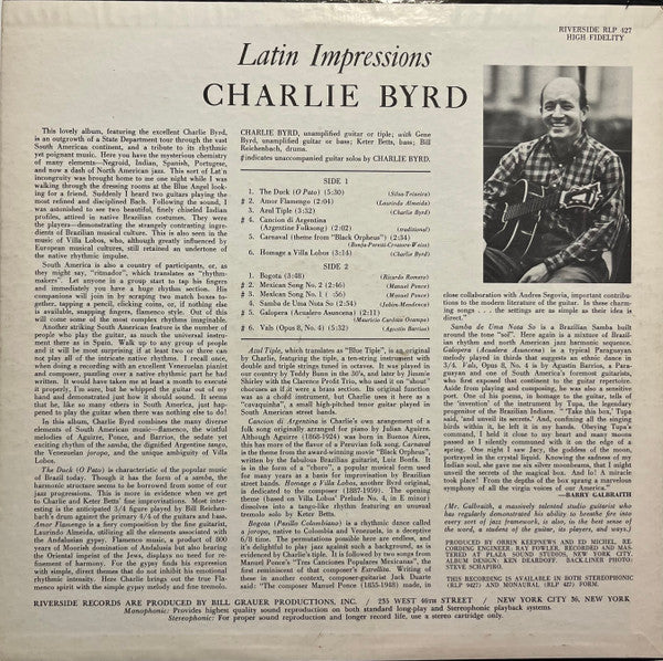 Charlie Byrd - Latin Impressions - VG+ LP Record 1962 Riverside USA Mono Vinyl - Bossa Nova / Latin Jazz / - Shuga Records