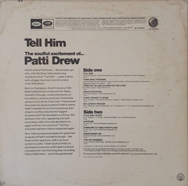 Patti Drew – Tell Him - VG+ LP Record 1967 Capitol USA Stereo Vinyl - Soul / Rhythm & Blues - Shuga Records